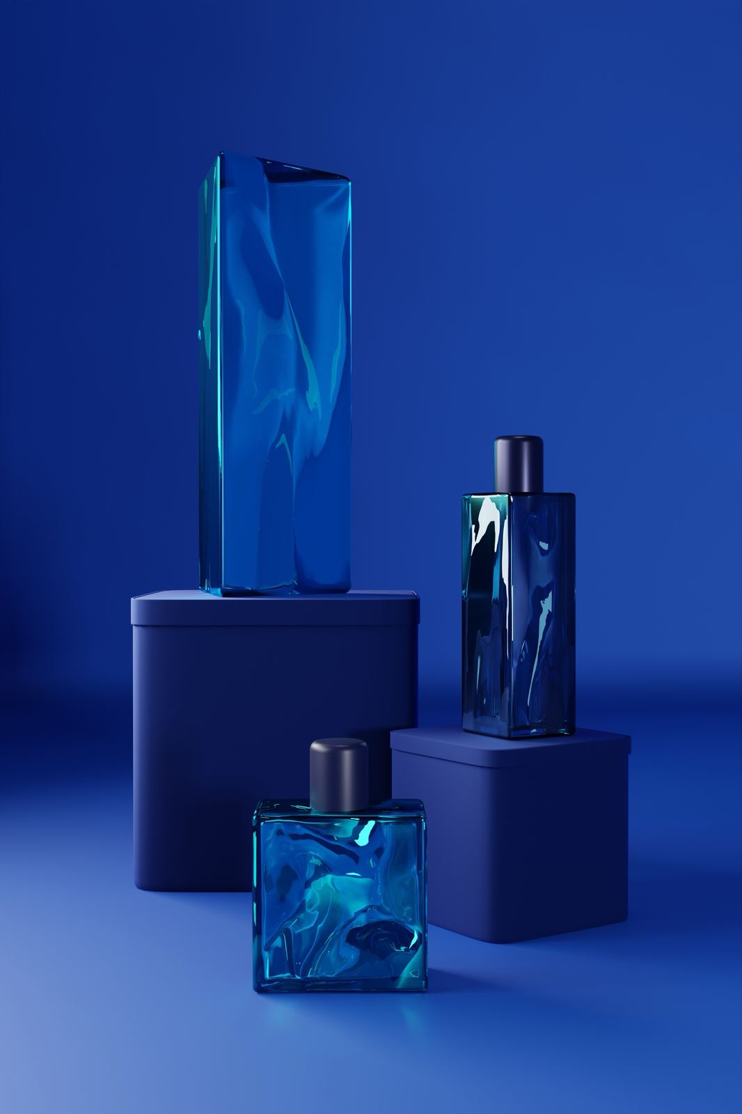 Beauty's Choice fragrance bottles in cobalt blue, styled with candle tins